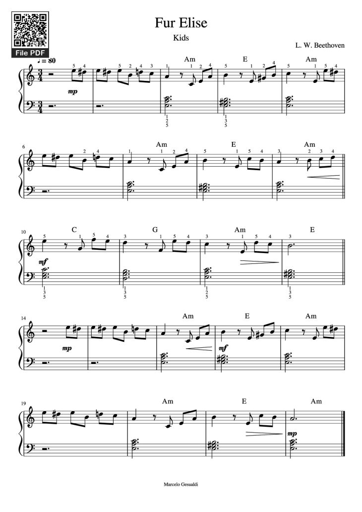 Page 1 of the piano sheet music PDF Piano – Fur Elise Piano by L. W. Beethoven