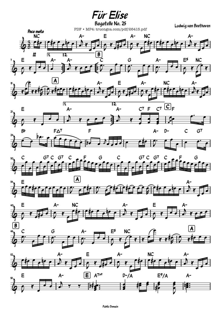 Page 1 of the piano sheet music PDF Piano – Für Elise (Lead sheet) by Ludwig van Beethoven