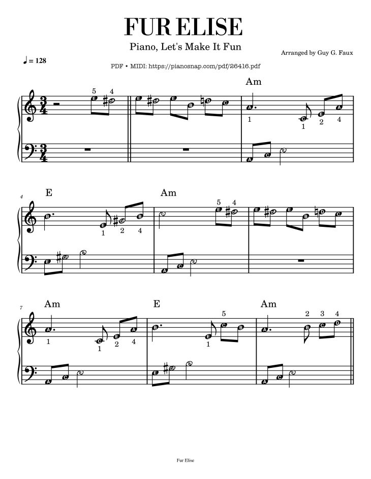 Page 1 of the piano sheet music PDF Piano – Fur Elise Piano Easy For Kid (With note name) by Arranged by Guy G. Faux
