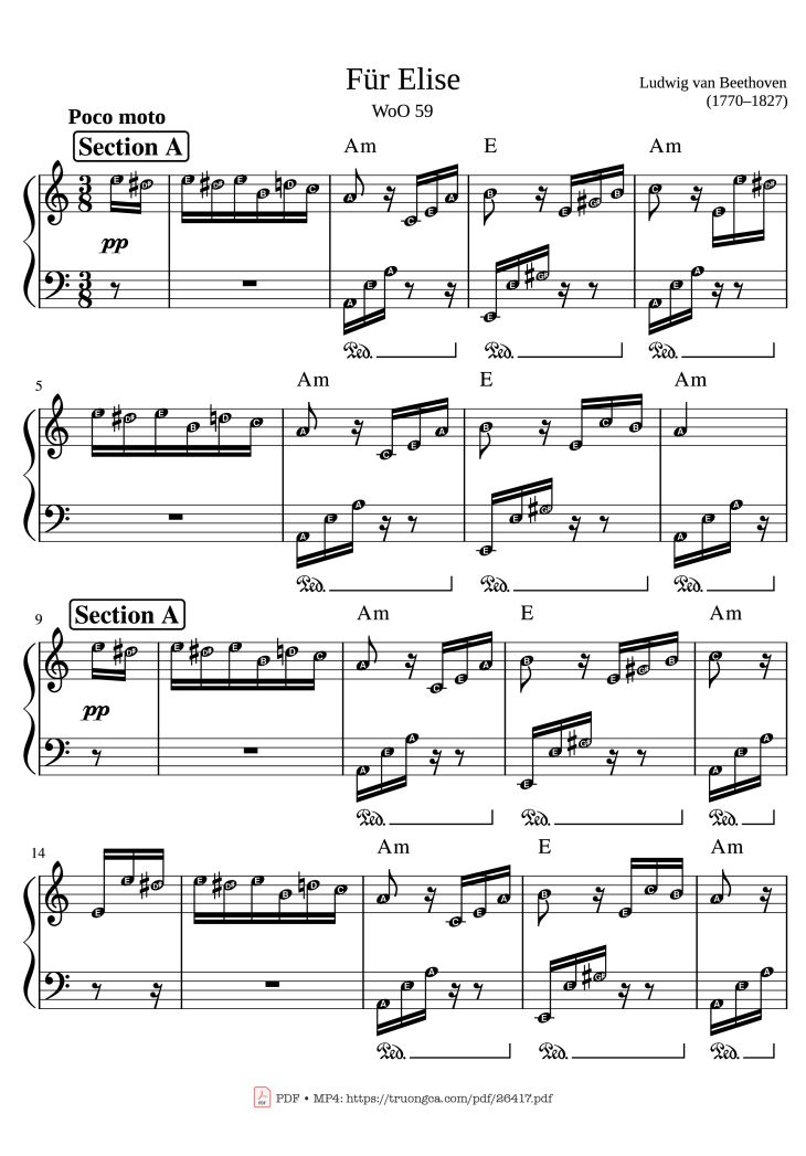 Page 1 of the piano sheet music PDF Piano – Beethoven Fur Elise (Famous part) by Ludwig van Beethoven