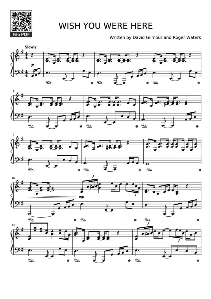 Page 1 of the piano sheet music PDF – WISH YOU WERE HERE Piano by Written by David Gilmour and Roger Waters