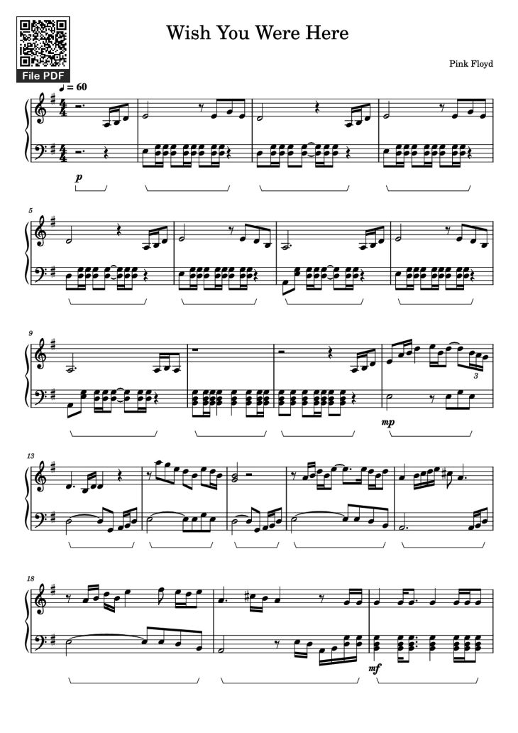 Page 1 of the piano sheet music PDF Piano – Wish You Were Here Piano by Pink Floyd