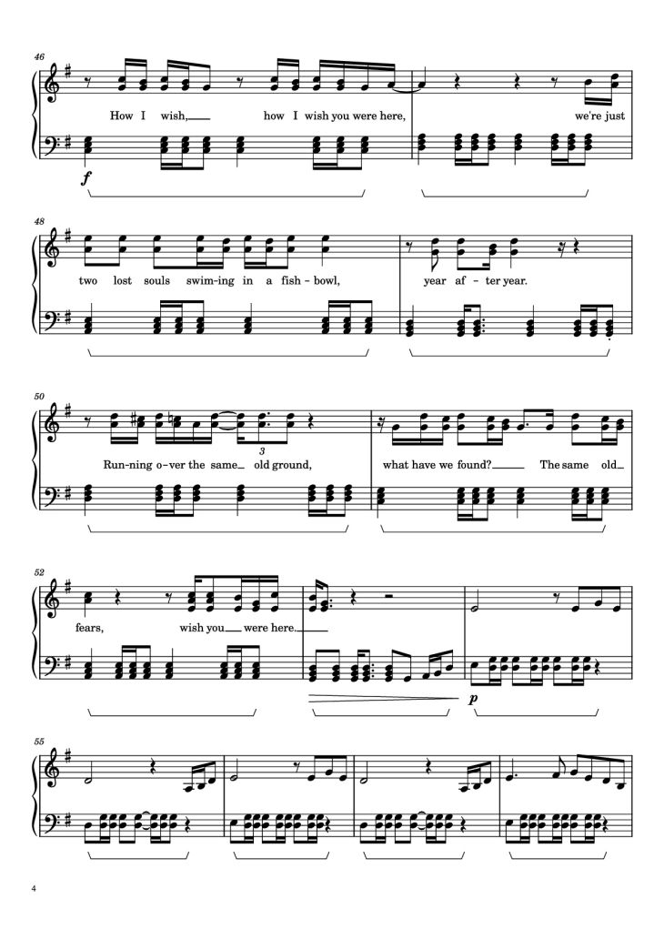 Page 4 of the piano sheet music PDF Piano – Wish You Were Here Piano by Pink Floyd