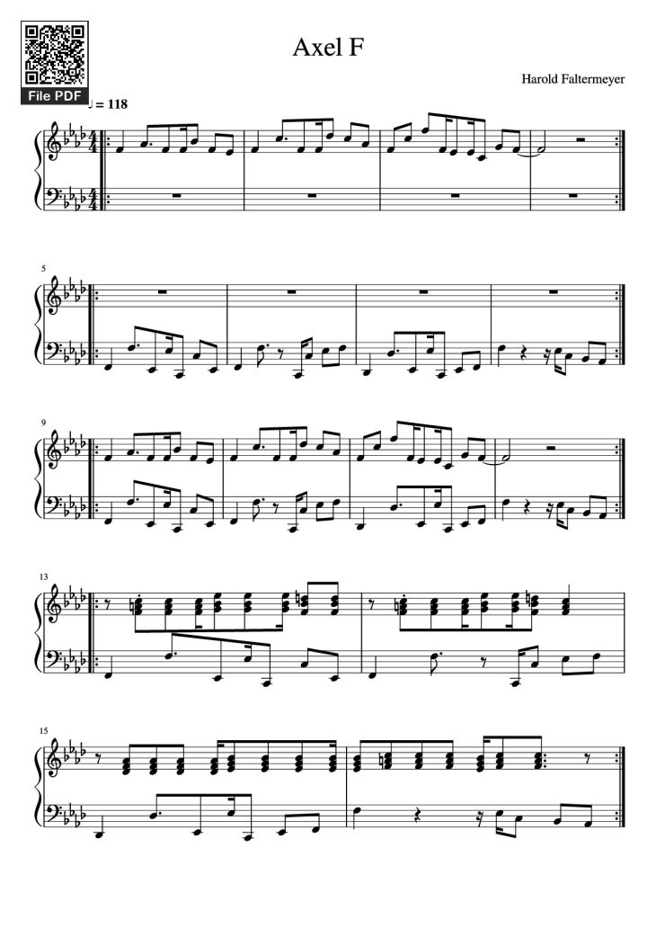 Page 1 of the piano sheet music PDF Piano – Axel F Piano by Harold Faltermeyer