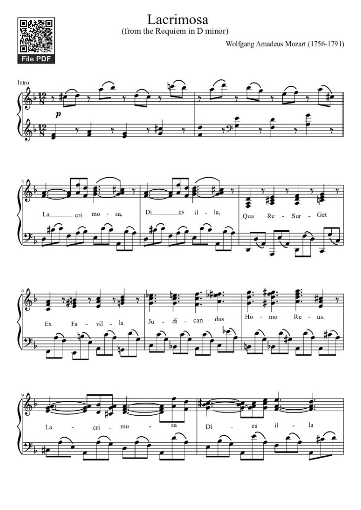 Page 1 of the piano sheet music PDF Piano – Lacrimosa Piano by Wolfgang Amadeus Mozart (1756-1791