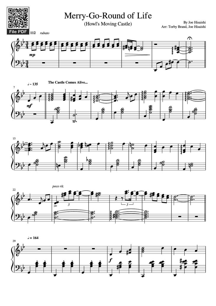 Page 1 of the piano sheet music PDF Piano – Merry-Go-Round of Life Piano by Joe Hisaishi