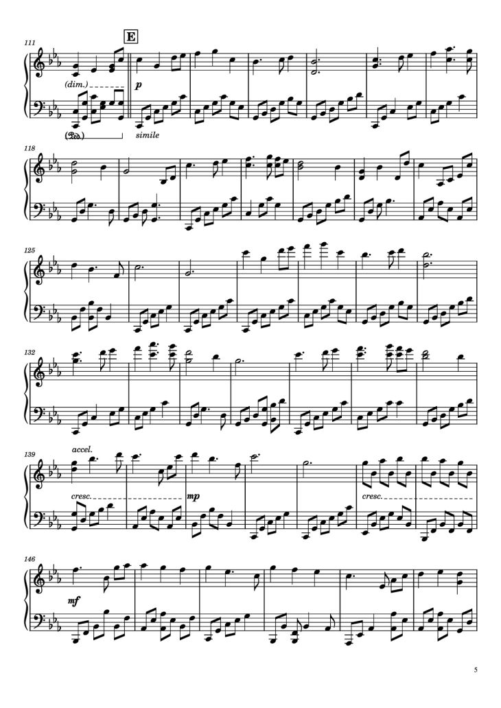 Page 5 of the piano sheet music PDF – Once Upon a December Piano by Music by S. Flaherty & D. Newman