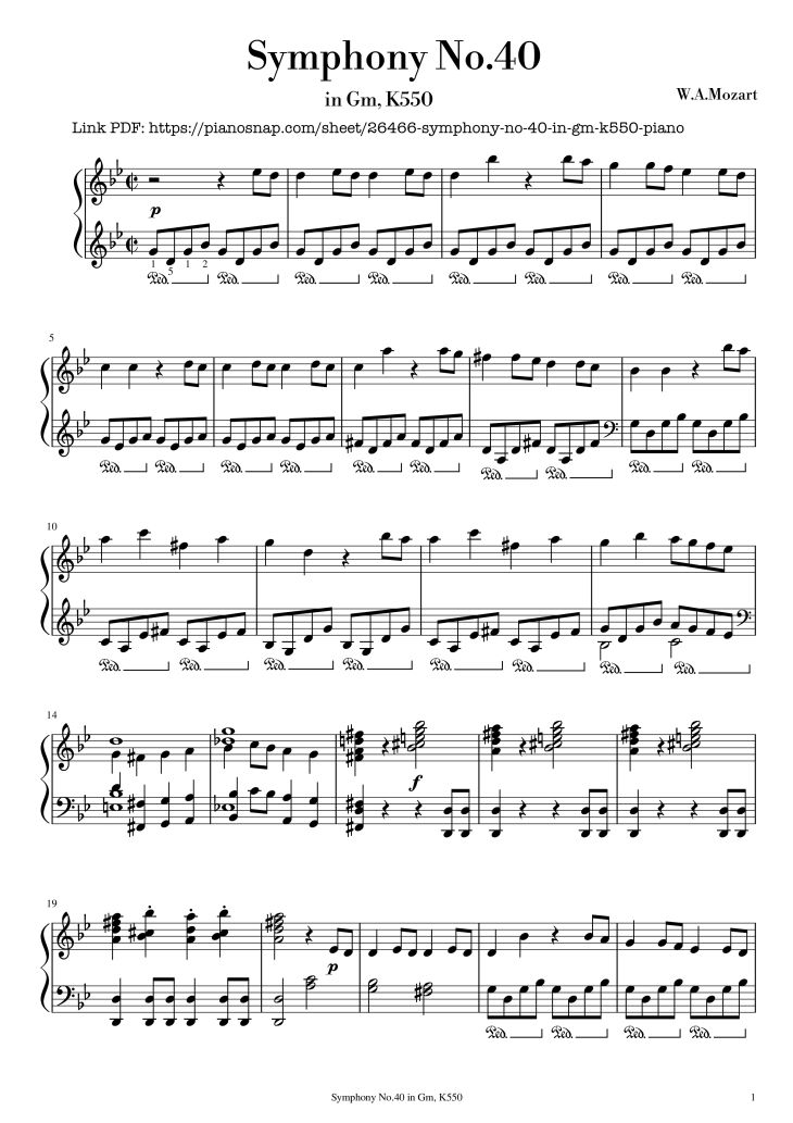 Page 1 of the piano sheet music PDF Piano – Symphony No.40 in Gm, K550 Piano by W.A.Mozart