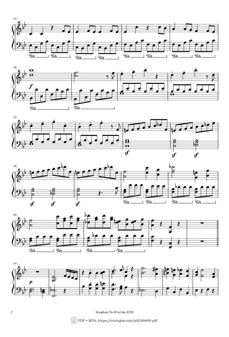 Page 2 of the piano sheet music PDF Piano – Symphony No.40 in Gm, K550 Piano by W.A.Mozart