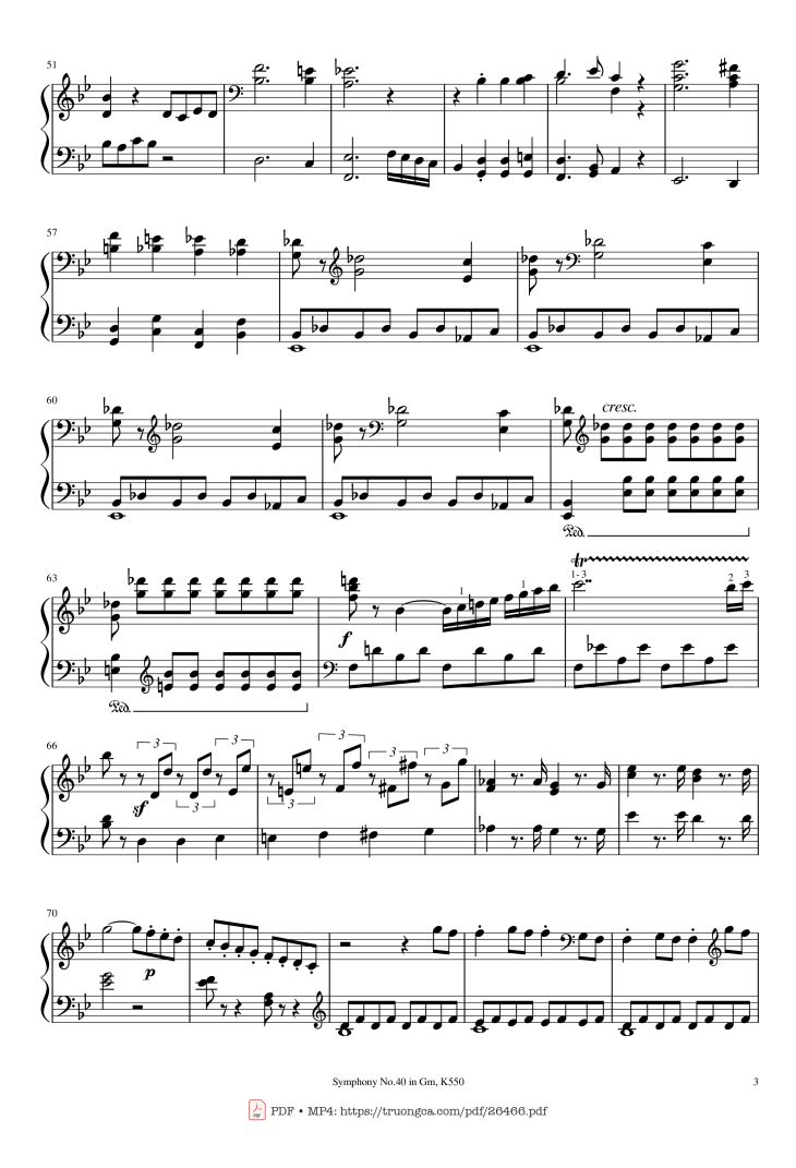 Page 3 of the piano sheet music PDF Piano – Symphony No.40 in Gm, K550 Piano by W.A.Mozart