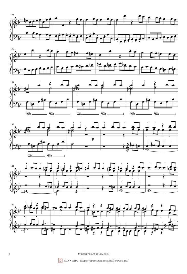 Page 6 of the piano sheet music PDF Piano – Symphony No.40 in Gm, K550 Piano by W.A.Mozart