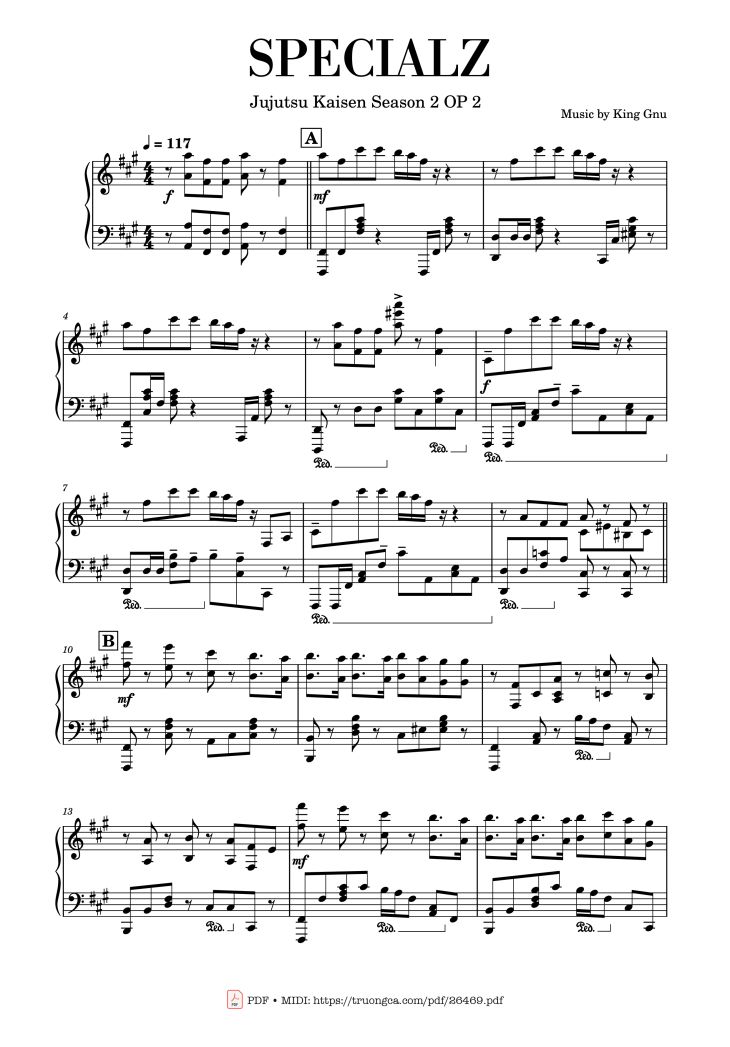 Page 1 of the piano sheet music PDF Piano – SPECIALZ Piano by Music by King Gnu