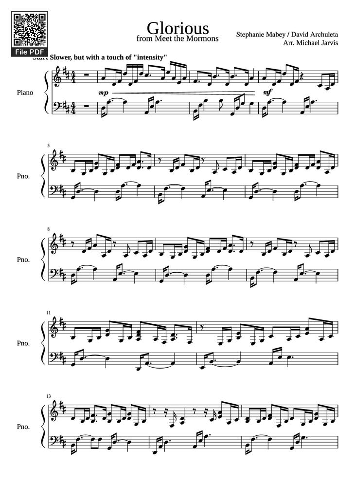 Page 1 of the piano sheet music PDF Piano – Glorious Piano by Stephanie Mabey / David Archuleta Arr. Michael Jarvis