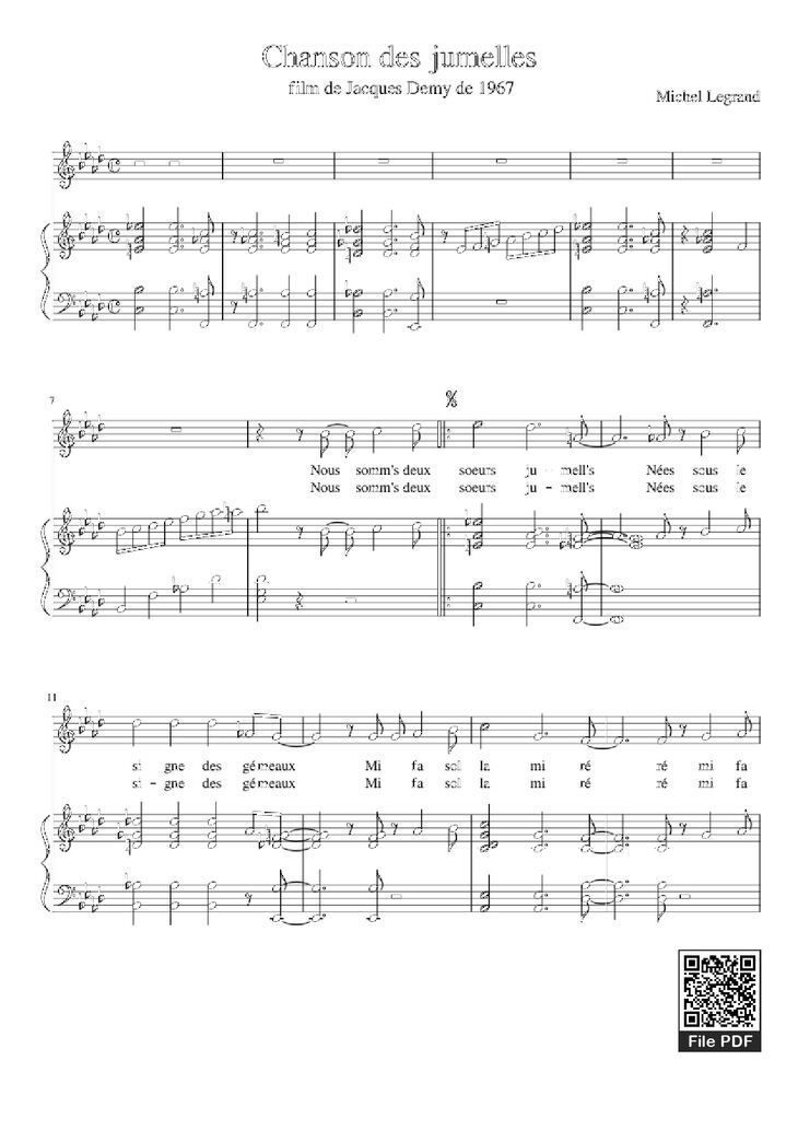 Page 1 of the piano sheet music PDF Piano – Chanson des jumelles Piano by Michel Legrand