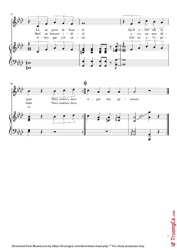 Page 5 of the piano sheet music PDF Piano – Chanson des jumelles Piano by Michel Legrand