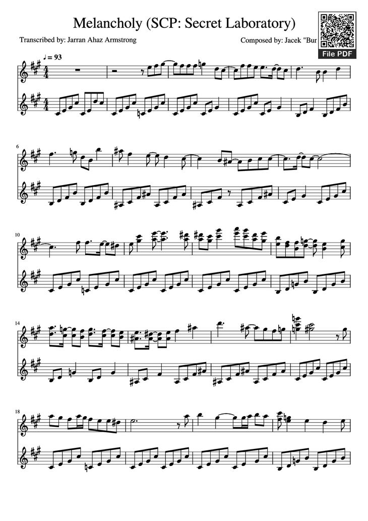Page 1 of the piano sheet music PDF Piano – Melancholy (SCP: Secret Laboratory) Piano by Composed by: Jacek Burnert Rogal