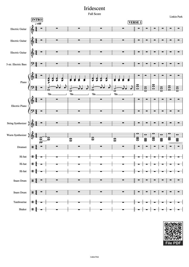 Page 1 of the piano sheet music PDF Piano Guitar Tab – Iridescent Piano by Linkin Park