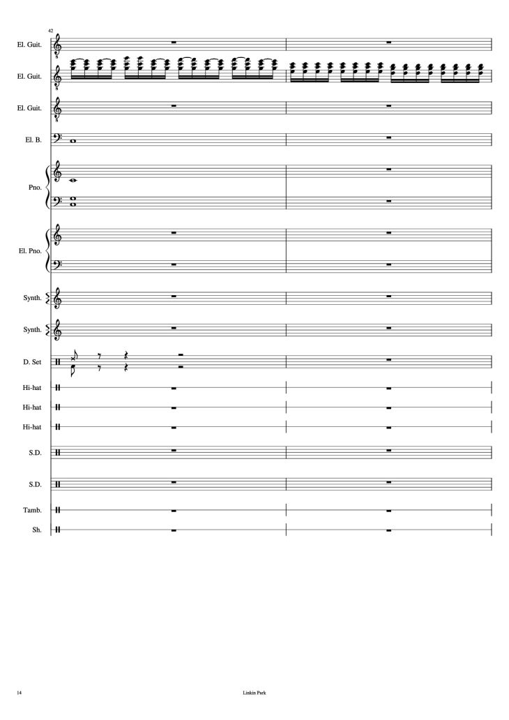 Page 14 of the piano sheet music PDF Piano Guitar Tab – Iridescent Piano by Linkin Park