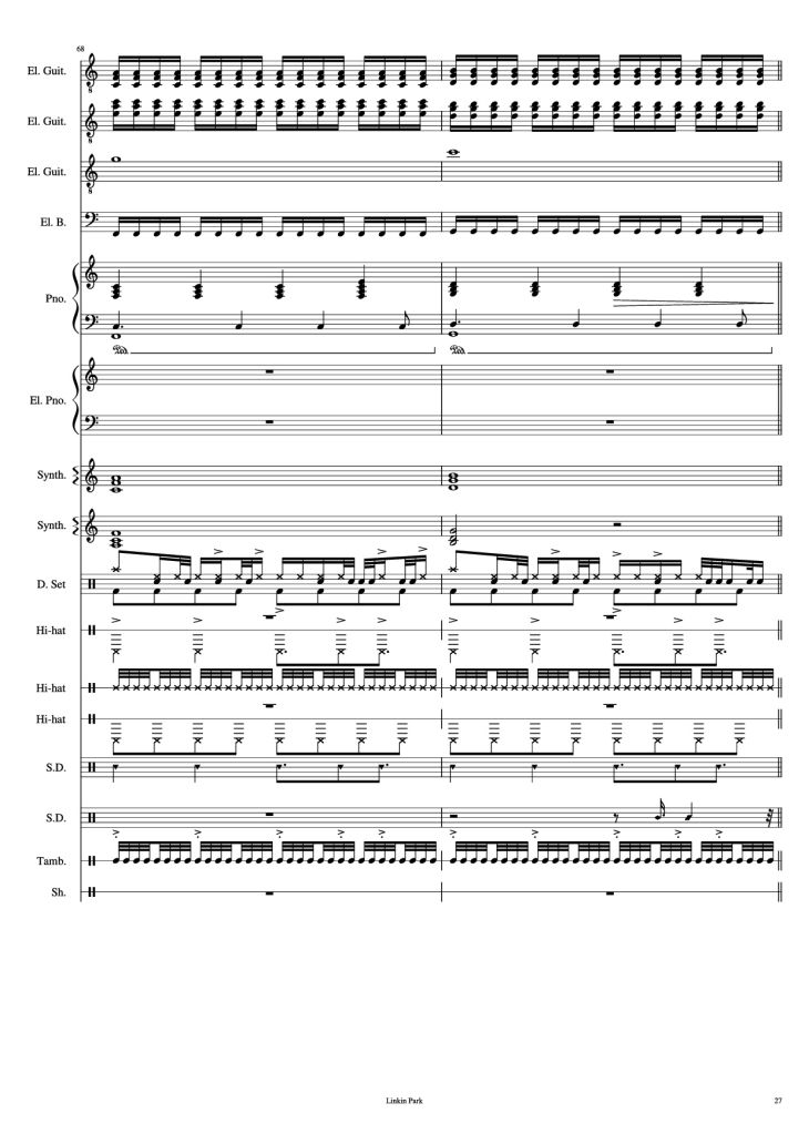 Page 27 of the piano sheet music PDF Piano Guitar Tab – Iridescent Piano by Linkin Park