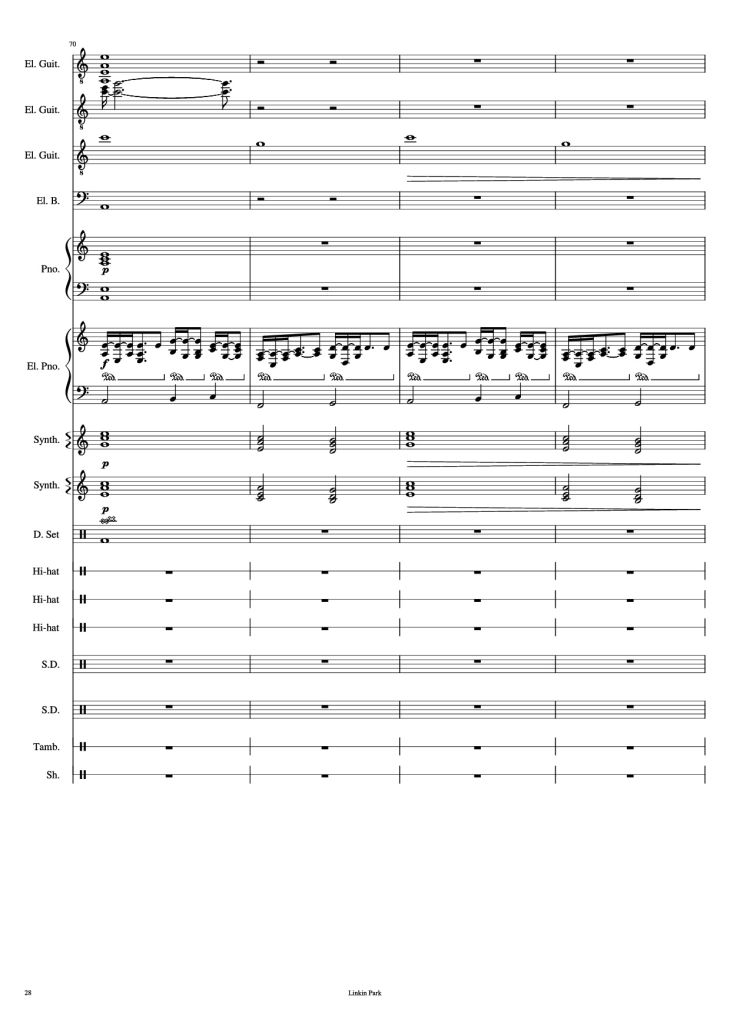 Page 28 of the piano sheet music PDF Piano Guitar Tab – Iridescent Piano by Linkin Park