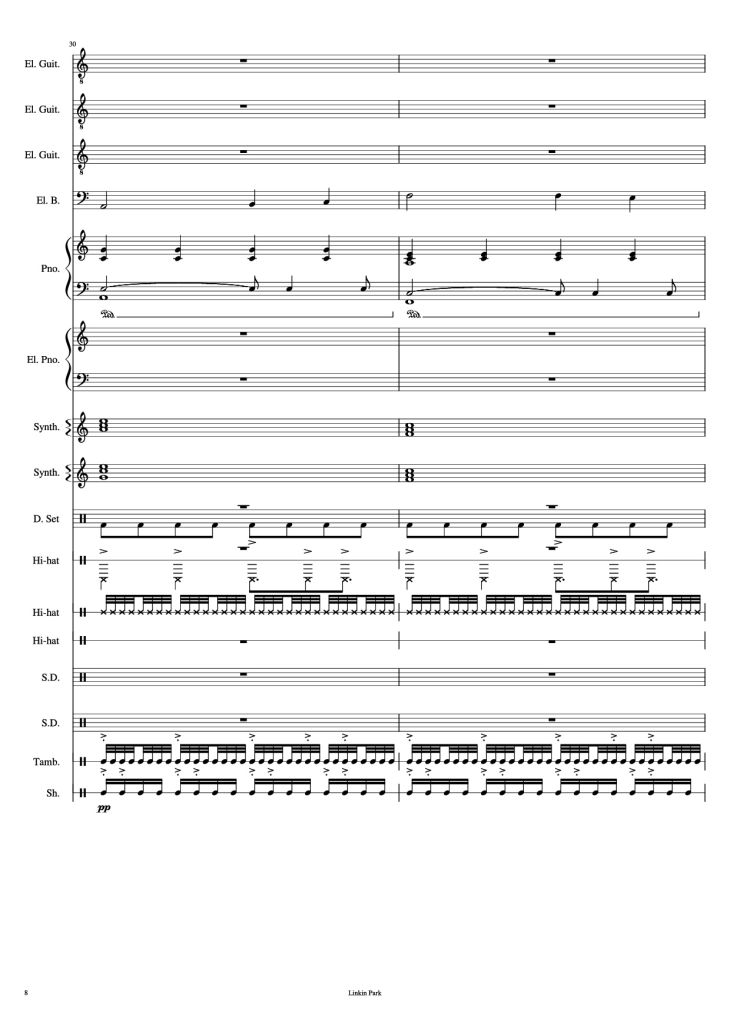 Page 8 of the piano sheet music PDF Piano Guitar Tab – Iridescent Piano by Linkin Park