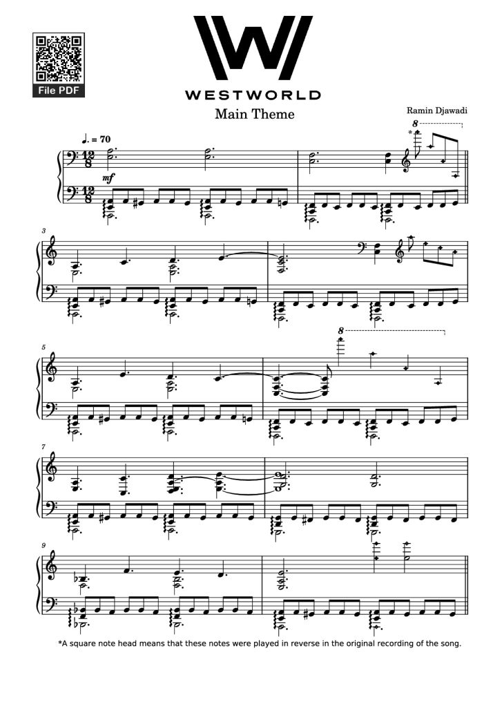 Page 1 of the piano sheet music PDF Piano – Westworld Piano by Ramin Djawadi