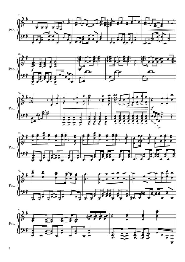 Page 2 of the piano sheet music PDF Piano – 紅蓮華 Gurenge Piano by LiSA/草野華余子