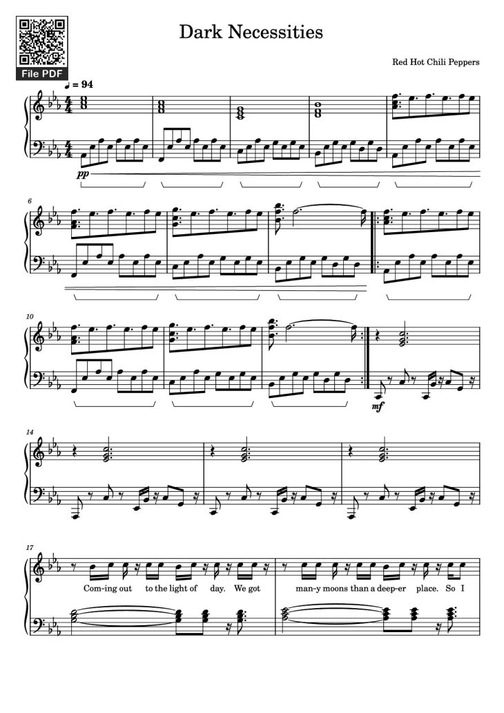 Page 1 of the piano sheet music PDF Piano – Dark Necessities Piano by Red Hot Chili Peppers
