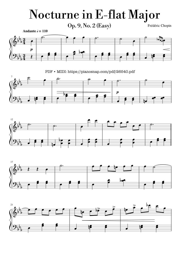 Page 1 of the piano sheet music PDF – Nocturne in E-flat Major (Easy) by Frédéric Chopin