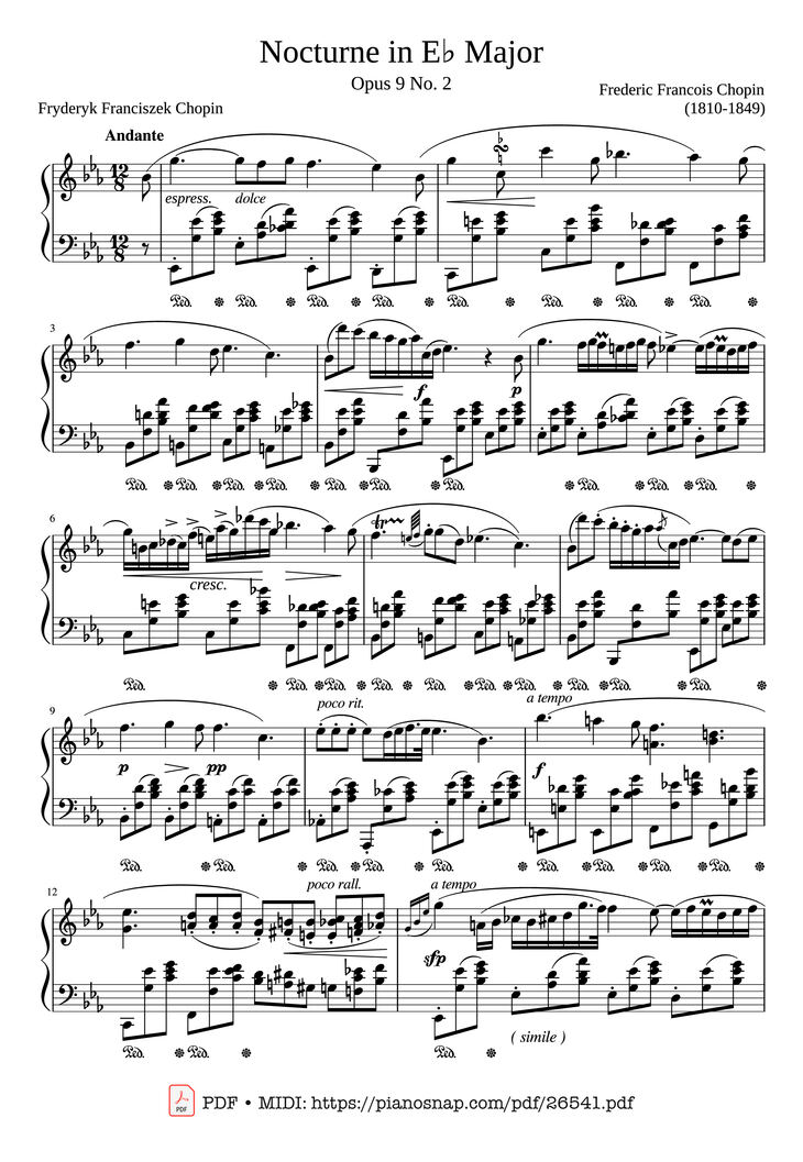Page 1 of the piano sheet music PDF – Nocturne in E♭ Major, Op.9 No.2 by Frederic Francois Chopin