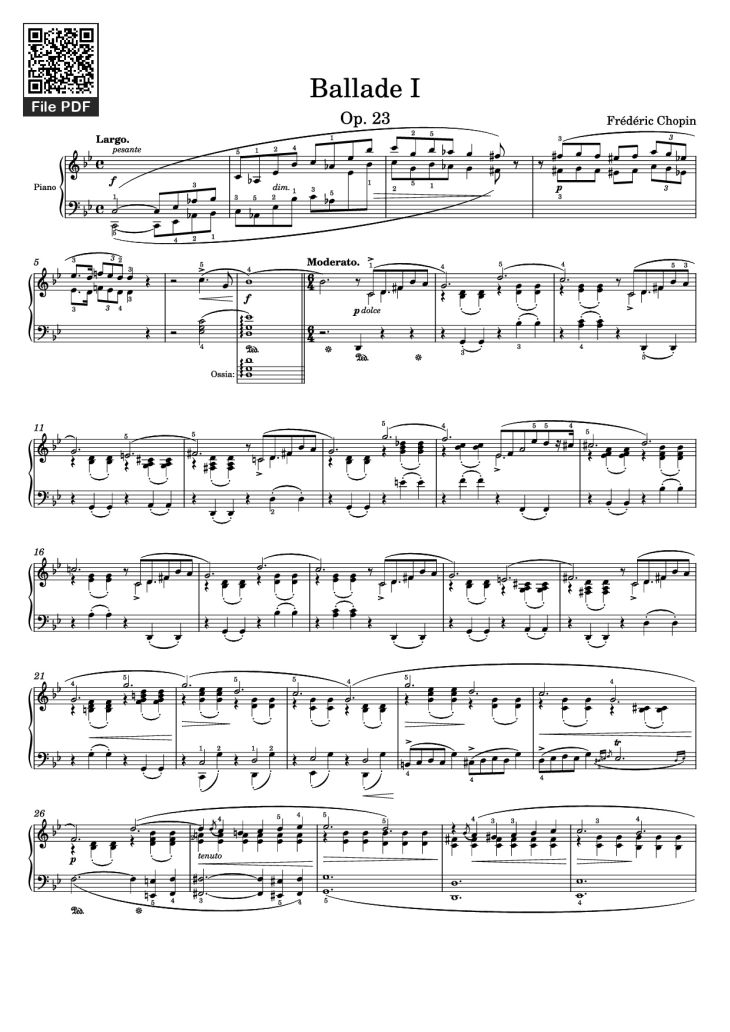 Page 1 of the piano sheet music PDF – Ballade I Piano by Frédéric Chopin