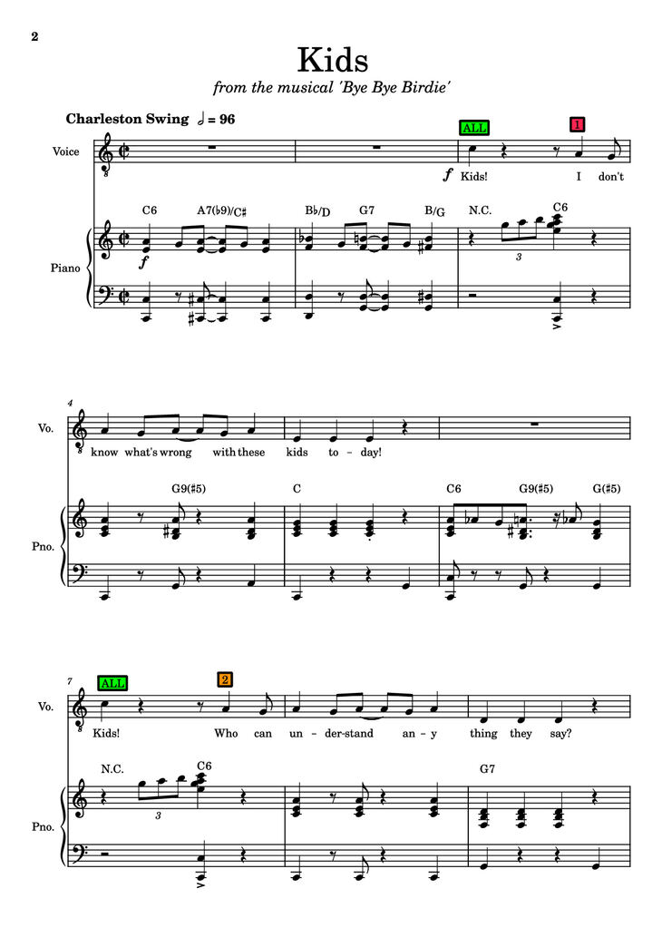 Page 2 of the piano sheet music PDF – Kids Piano by Charles Strouse