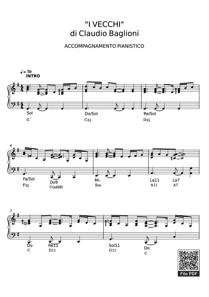 Page 1 of the piano sheet music PDF Piano – I VECCHI di Claudio Baglioni Piano by Claudio Baglioni
