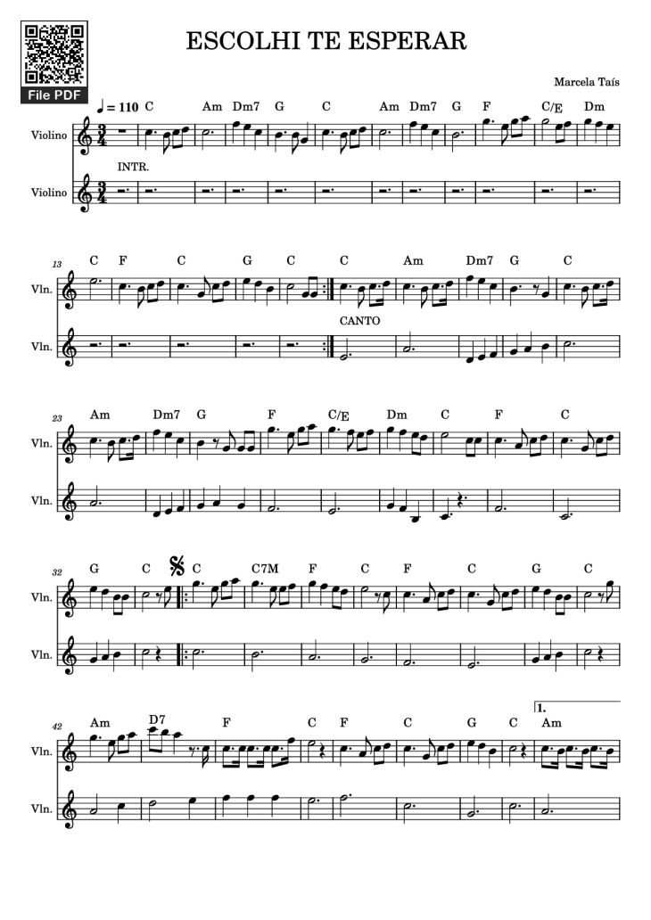 Page 1 of the piano sheet music PDF – ESCOLHI TE ESPERAR Violin by Marcela Taís