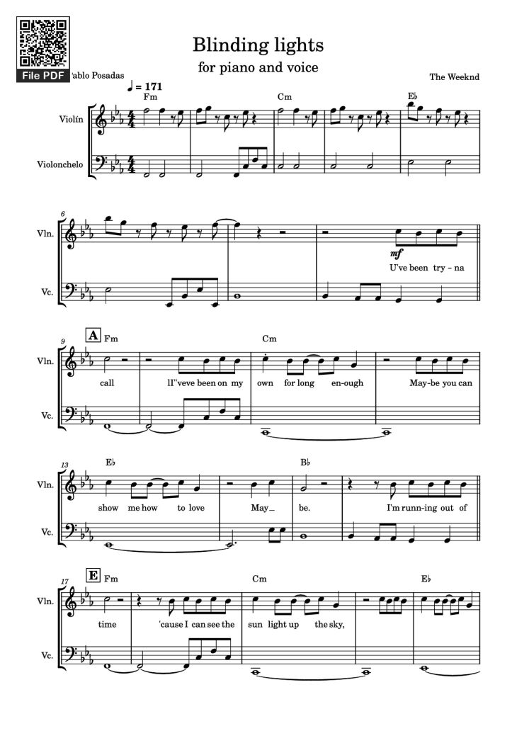 Page 1 of the piano sheet music PDF – Blinding lights Violin by The Weeknd
