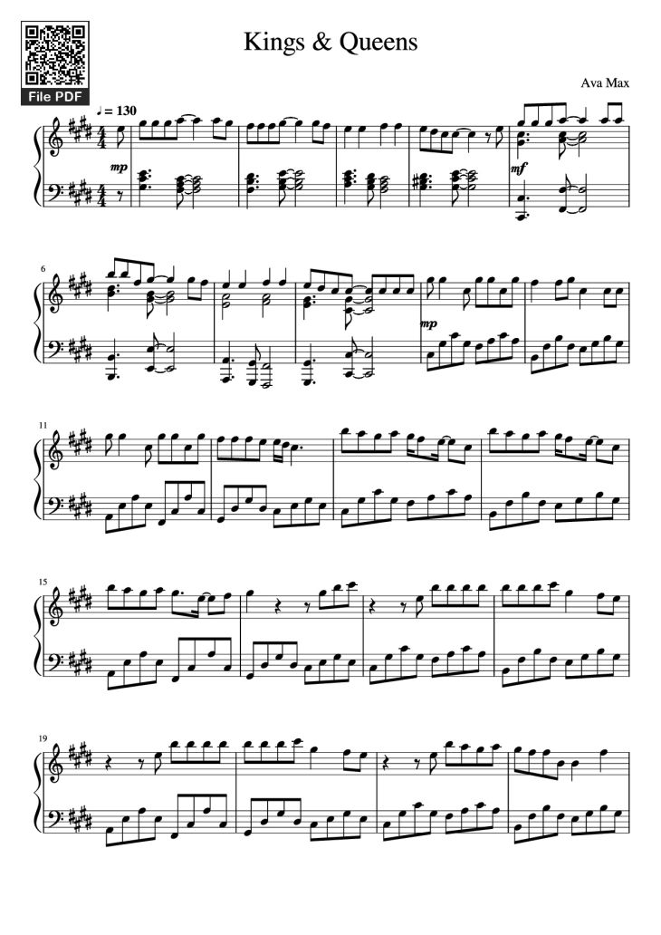Page 1 of the piano sheet music PDF Piano – Kings & Queens Piano by Ava Max