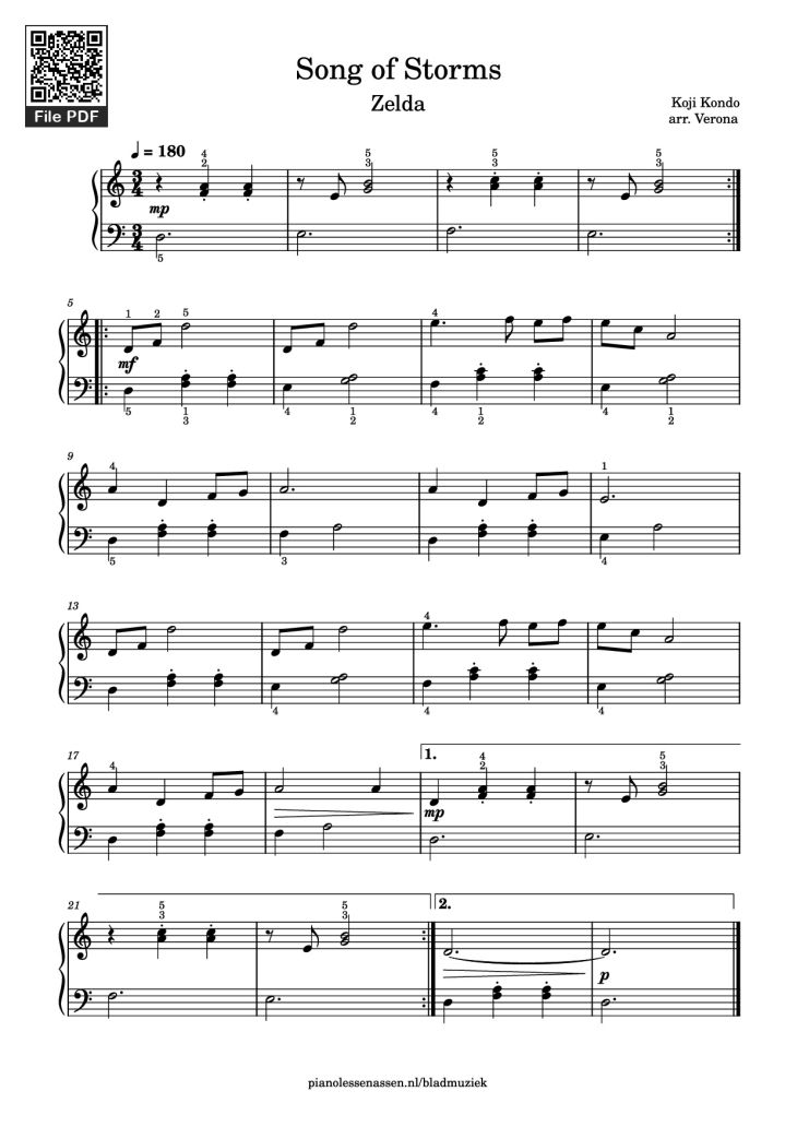 Page 1 of the piano sheet music PDF Piano – Song of Storms Piano by Koji Kondo