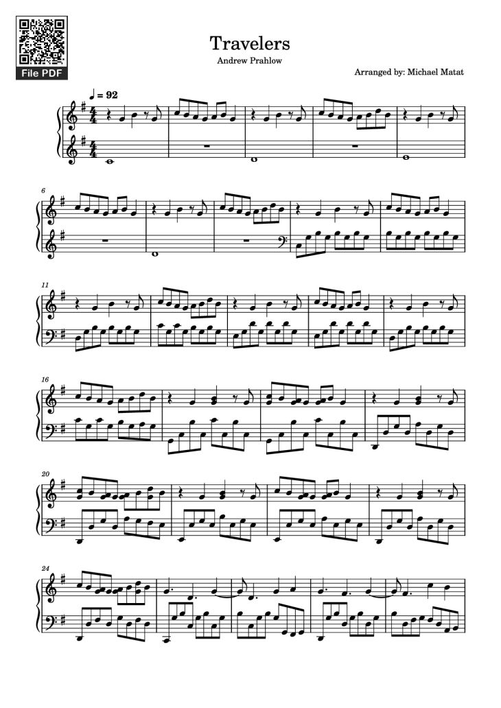 Page 1 of the piano sheet music PDF Piano – Travelers Piano by Andrew Prahlow