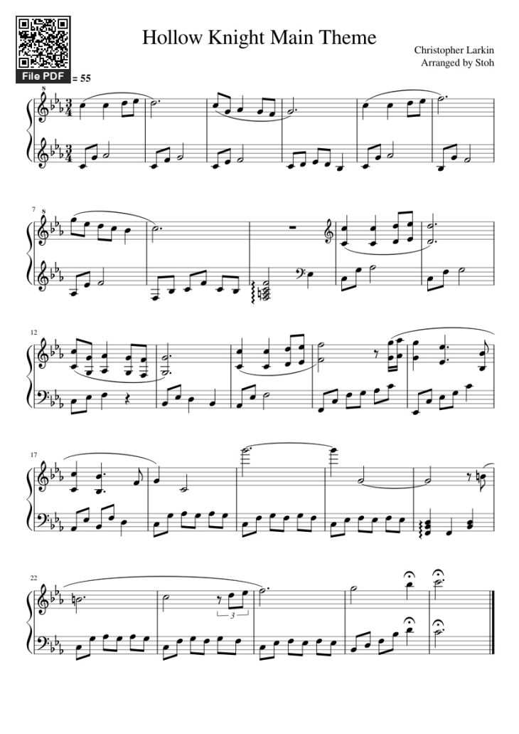 Page 1 of the piano sheet music PDF – Hollow Knight Main Theme Piano by Stoh