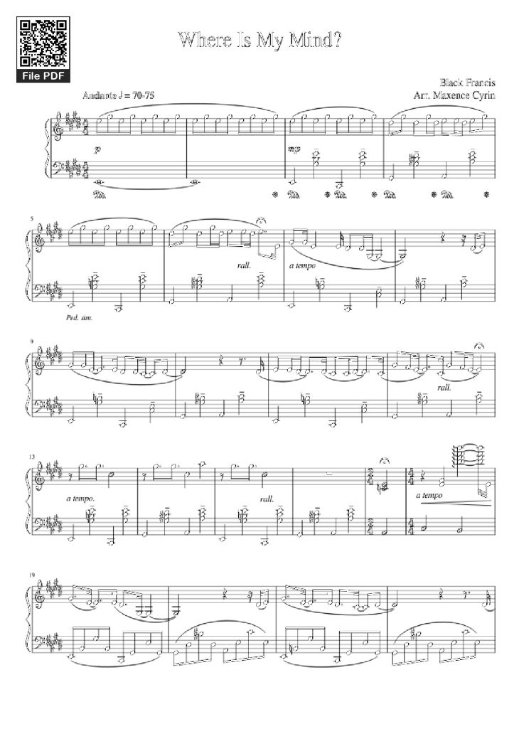 Page 1 of the piano sheet music PDF – Where Is My Mind? Piano by Black Francis Arr. Maxence Cyrin