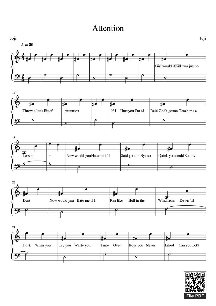 Page 1 of the piano sheet music PDF Piano – Attention Piano by Joji