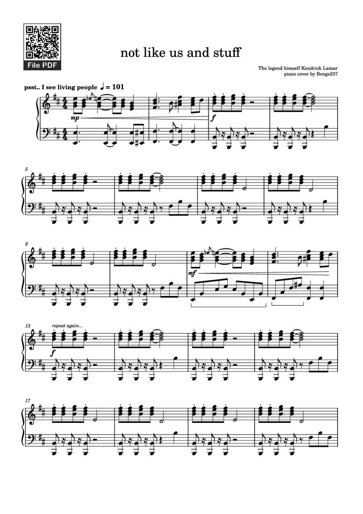 Page 1 of the piano sheet music PDF Piano – not like us and stuff Piano by The legend himself Kendrick Lamar