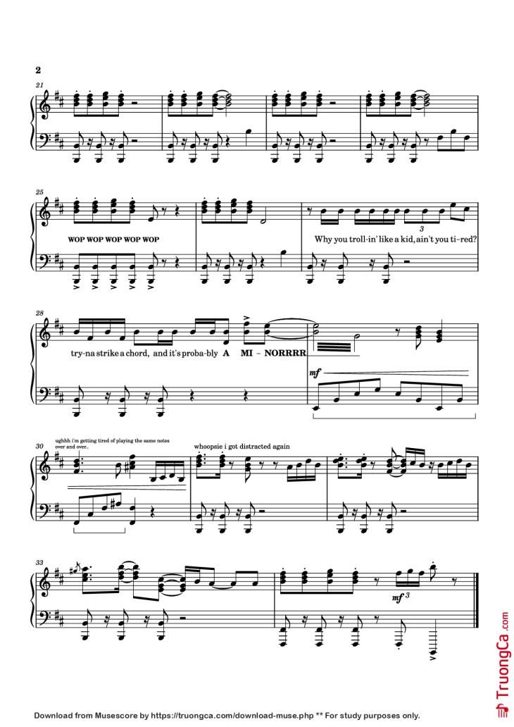 Page 2 of the piano sheet music PDF Piano – not like us and stuff Piano by The legend himself Kendrick Lamar