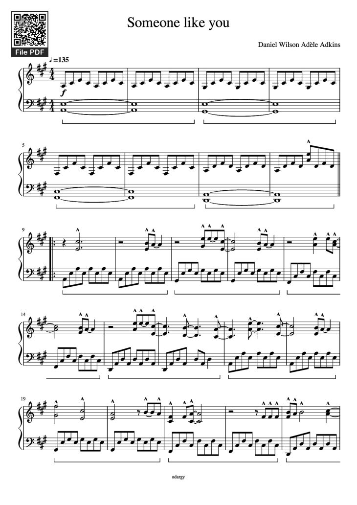 Page 1 of the piano sheet music PDF Piano – Someone like you Piano by Daniel Wilson Adèle Adkins