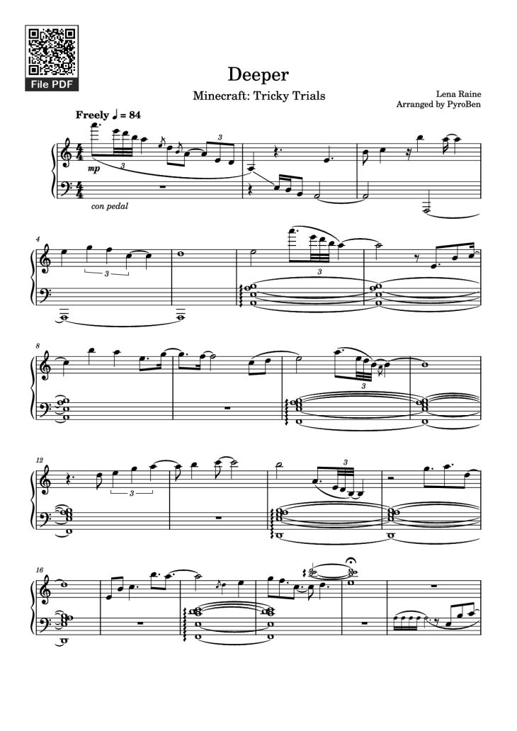 Page 1 of the piano sheet music PDF Piano – Deeper Piano by Lena Raine