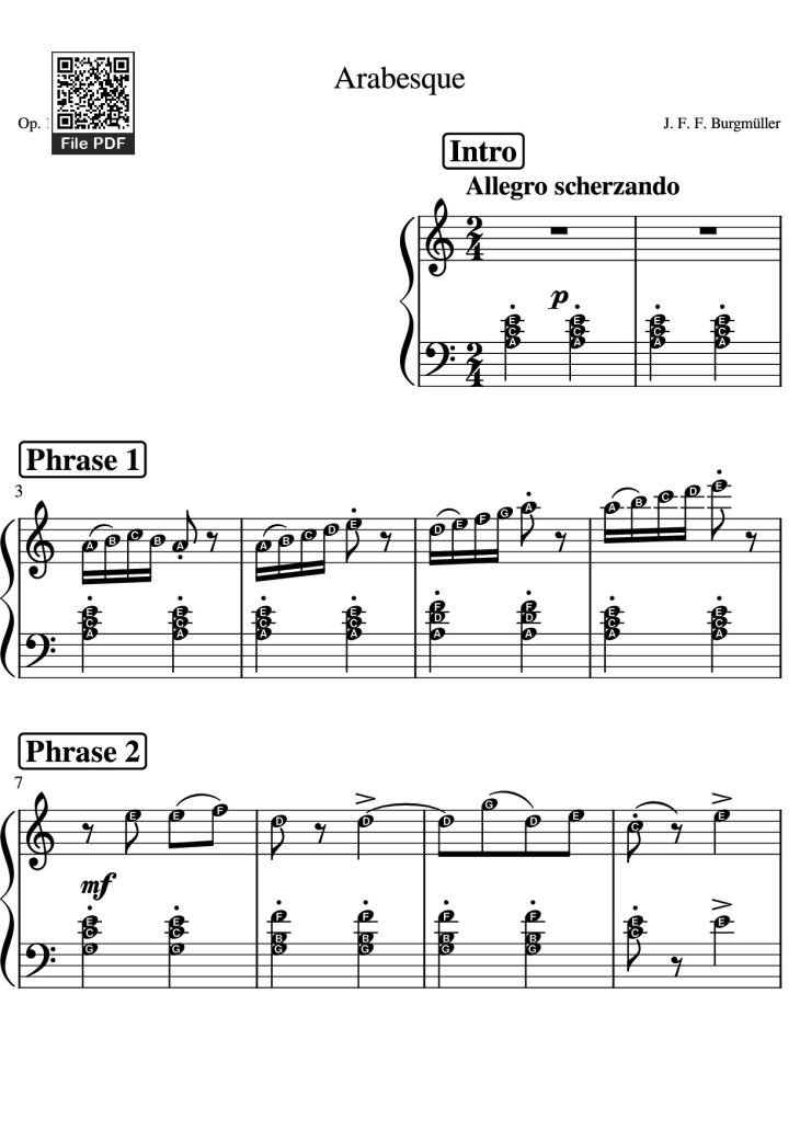 Page 1 of the piano sheet music PDF – Arabesque Op. 100 by Burgmuller