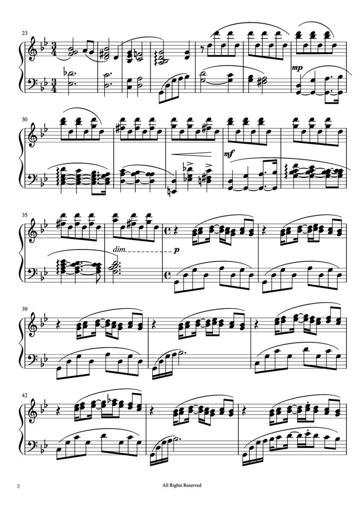 Page 2 of the piano sheet music PDF Piano – Hana Bi Piano by Joe Hisaishi