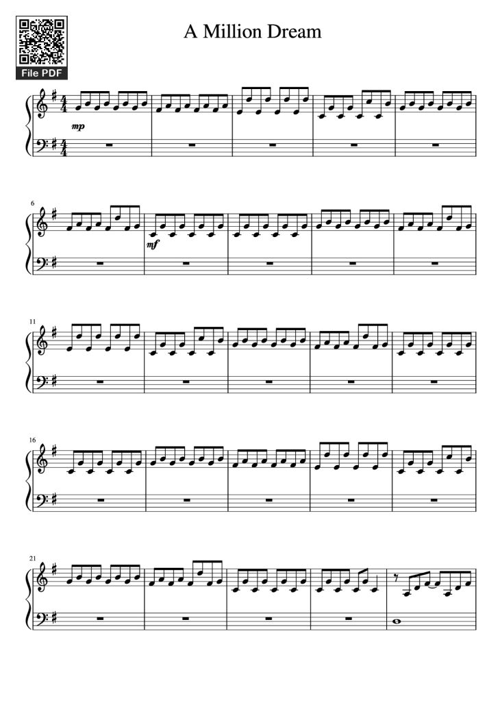 Page 1 of the piano sheet music PDF Piano – A Million Dream Piano by Undefined