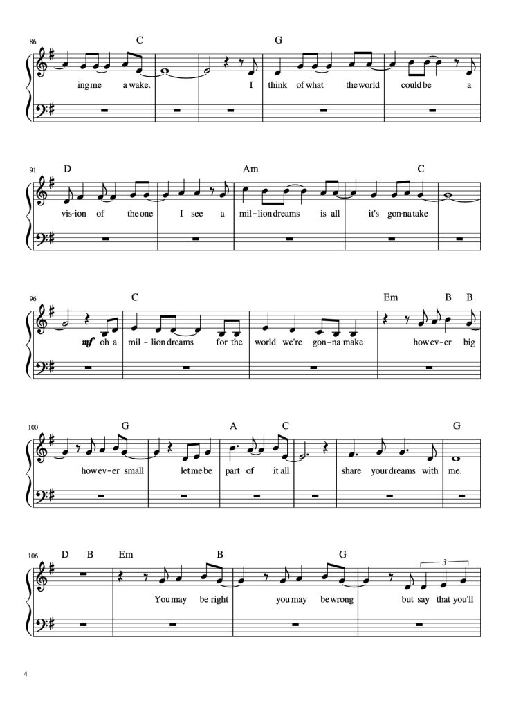 Page 4 of the piano sheet music PDF Piano – A Millon Dreams Piano by Aidan Meggitt