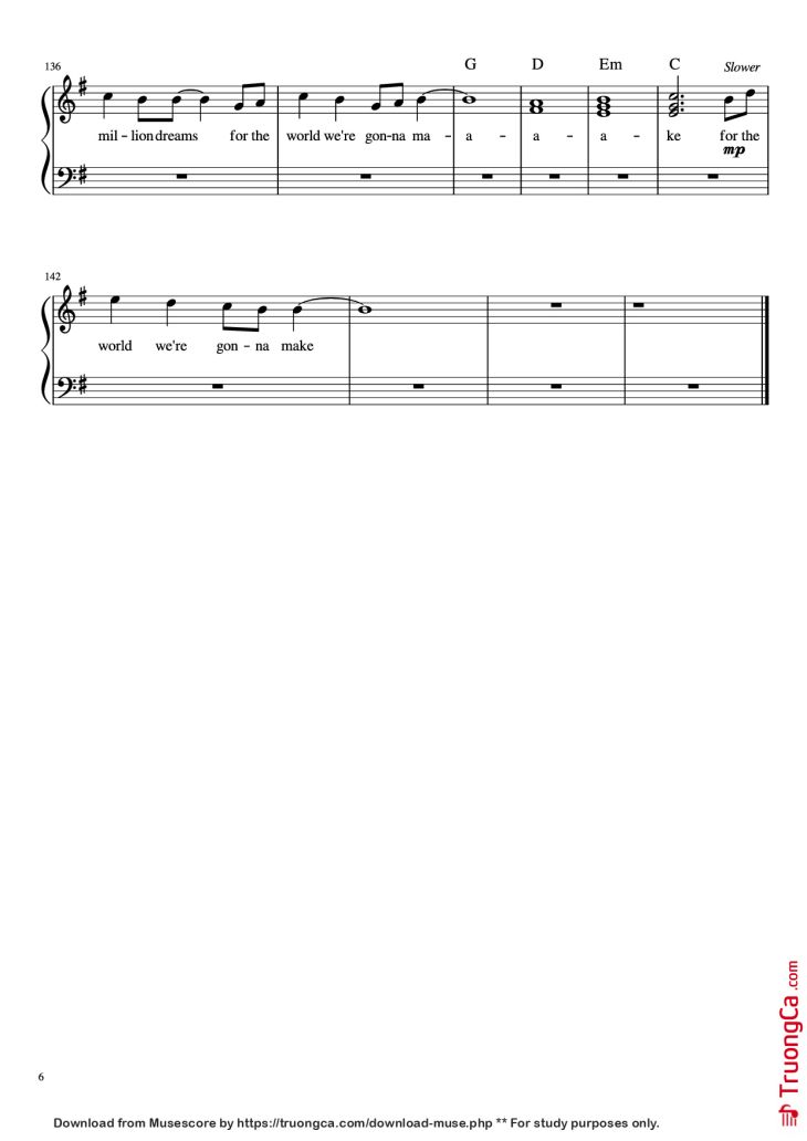 Page 6 of the piano sheet music PDF Piano – A Millon Dreams Piano by Aidan Meggitt